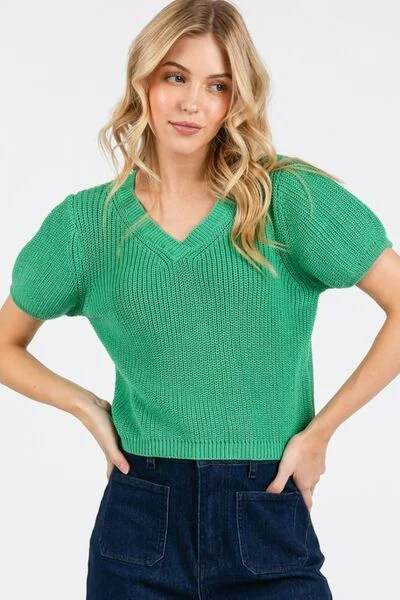 Mittoshop V-Neck Short Sleeve Crop Sweater