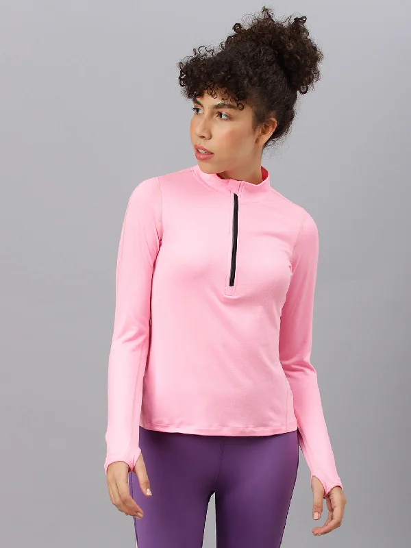 Fitkin women's neon pink high neck front zipper full sleeves t-shirt