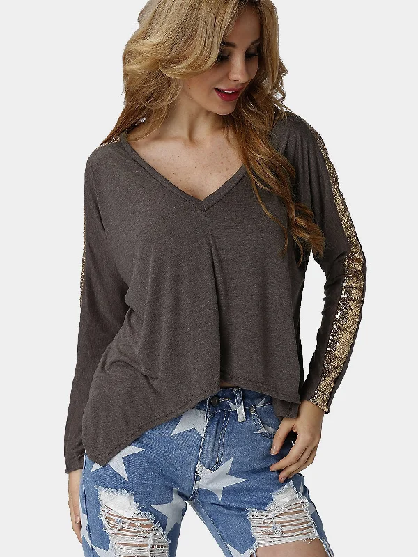 Custom V-Neck Long Sleeve Irregular Hem Khaki Top