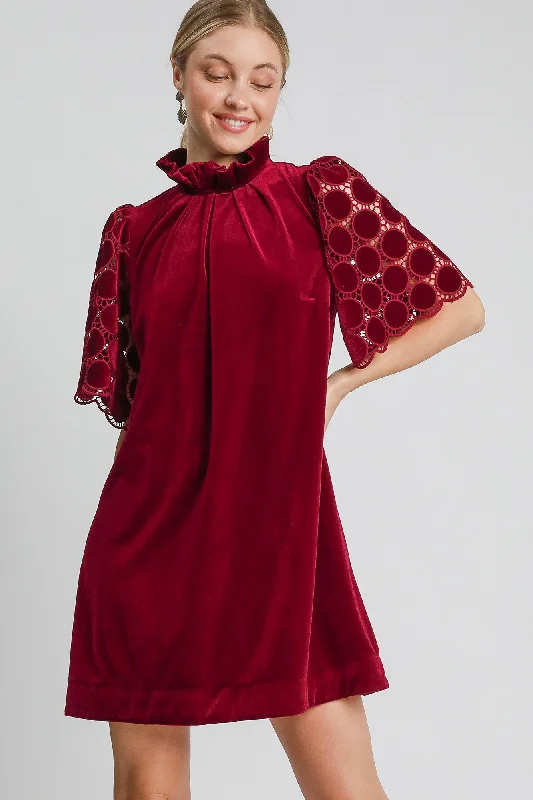 Dotted Lace Half Sleeve Mock Neck Back Tie Velvet Dress