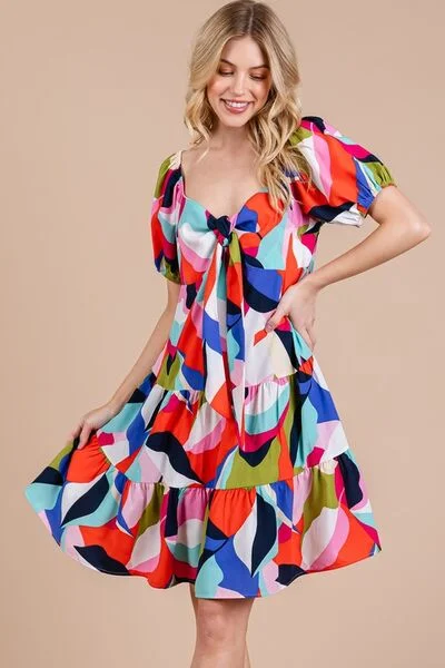 Abstract Print Sweetheart Neck Puff Sleeve Dress