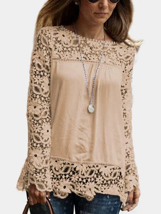 Wholesale Crew Neck Plain Lace Long Sleeve Khaki T-Shirts