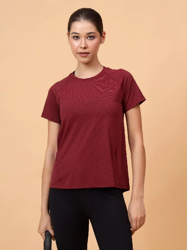 Fitkin Women Maroon Self Stripe Round Neck Tshirt