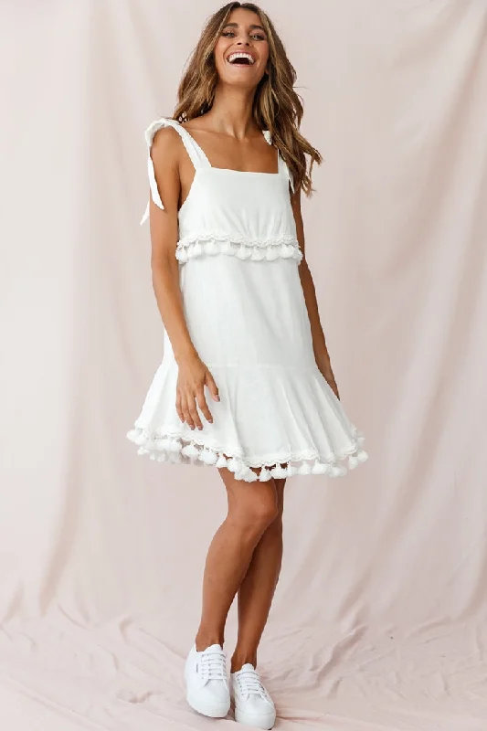 Sirocco Tassel Trim Tied Shoulder Dress White