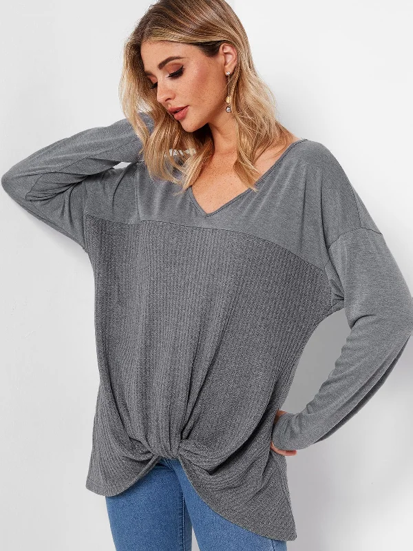 Custom V-Neck Plain Long Sleeve Irregular Hem Grey T-Shirts