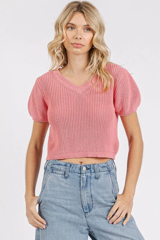 Mittoshop V-Neck Short Sleeve Crop Sweater